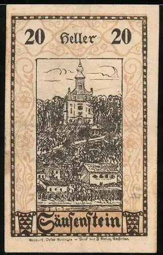 Notgeld Säusenstein, 1920, 20 Heller, Gutschein der Gemeinde Säusenstein mit Abbildung eines Gebäudes und Figuren