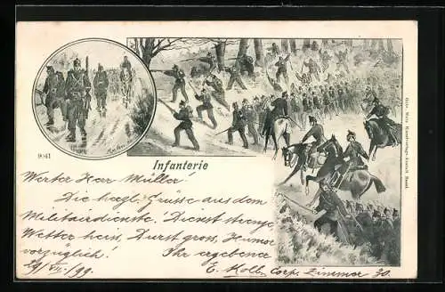 Lithographie schweizer Infanterie bei einer Manöver-Übung, Kompanie im Marsch mit Vorhut