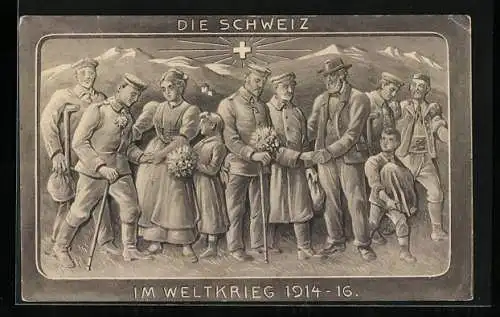 Künstler-AK Die Schweiz im Weltkrieg, schweizer Soldaten