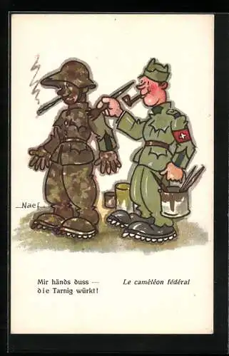 Künstler-AK Schweizer Soldat trägt Tarnfarbe auf