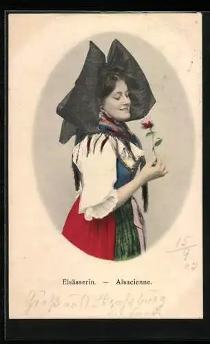 AK Elsässerin in Tracht mit Rose in der Hand