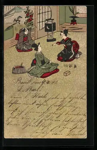 Lithographie Drei Geishas beim Gespräch in einem Zimmer