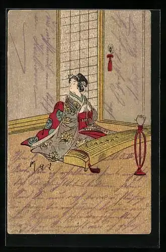 Lithographie Geisha mit Saiteninstrument in einem Zimmer