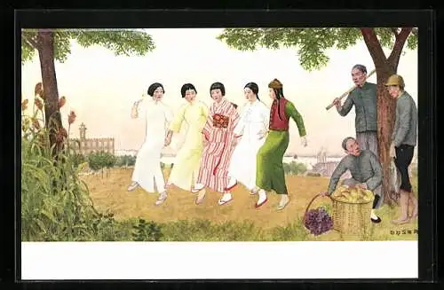 Künstler-AK Manchoukuo, Gruppe von Japanerinnen beim Tanz, Landarbeiter mit Früchten, Geisha