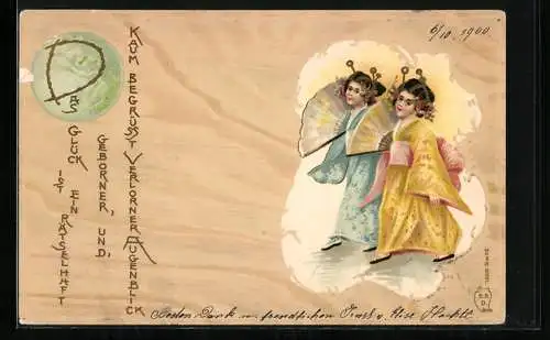 Präge-Lithographie Zwei Geishas mit Fächern beim Spaziergang