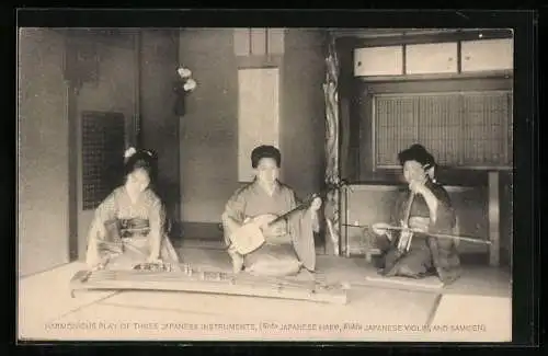 AK Harmonious Play of Three Japanese Instruments, Koto, Kokiu and Samisen, Geishas