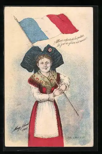 Lithographie Allons enfants de la patrie..., Mädchen in elsass-lothringischer Tracht mit französischer Fahne