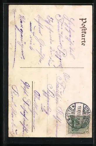 Lithographie Elsässerin in Tracht vor einer Kirche