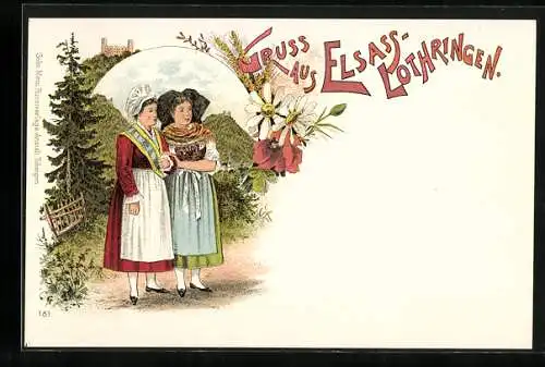 Lithographie Frauen in Tracht aus Elsass und Lothringen