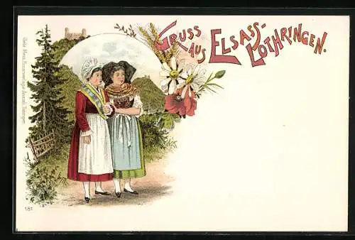 Lithographie Frauen in Tracht aus Elsass und Lothringen