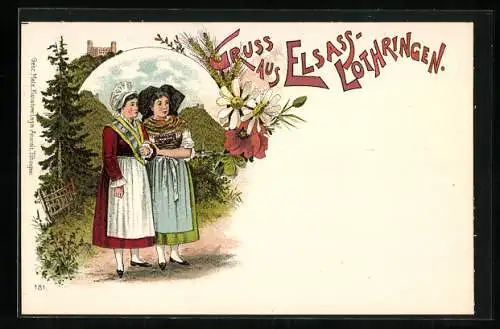 Lithographie Frauen in Tracht aus Elsass und Lothringen