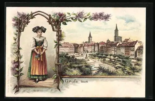 Lithographie Strassburg, Blick auf den Kleberplatz, Elsässerin in Tracht