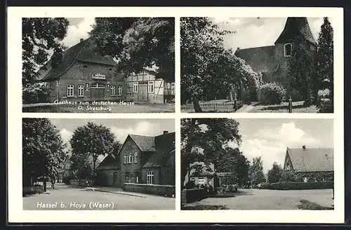 AK Hassel b. Hoya, Gasthaus zum deutschen Hause v. D. Strassburg, die Kirche, Ortspartie