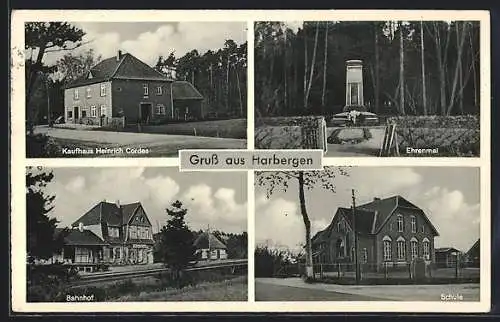 AK Harbergen /Nienburg, Kaufhaus Heinrich Cordes, Ehrenmal, Bahnhof, Schule