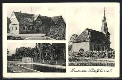 AK Staffhorst, Gasthaus v. H. Wolters, die Kirche, die Badeanstalt