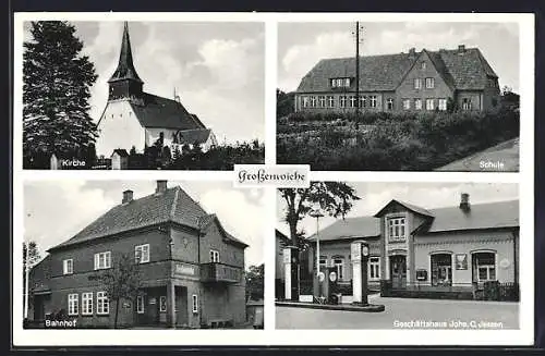 AK Grossenwiehe, Geschäftshaus Johs. C. Jessen, Bahnhof, Kirche, Schule