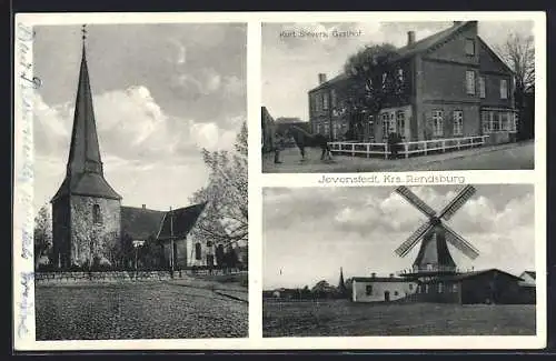 AK Jevenstedt /Rendsburg, Gasthof Kurt Sievers, die Kirche, die Windmühle