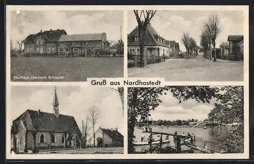 AK Nordhastedt, Kaufhaus Hermann Schnauer, die Kirche, Flusspartie