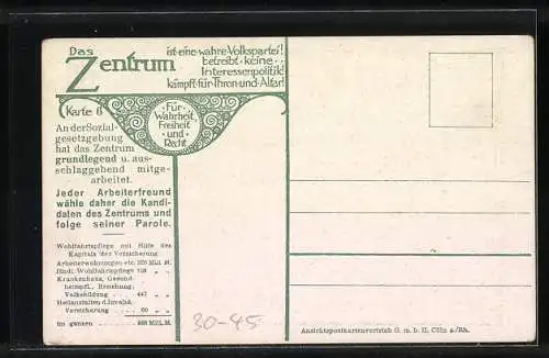 Künstler-AK Deutsche Sozialversicherung, Walhkampagne der Partei Das Zentrum