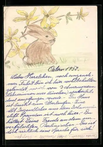 Künstler-AK Handgemalt: Osterhase unter blühendem Zweig