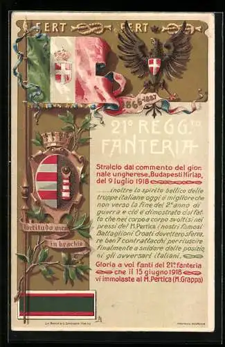 Künstler-AK 21° Reggimento Fanteria, Italienisches Infanterie-Regiment, Wappen, Fahne