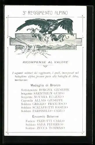 AK 3° Reggimento Alpini, Ricompense al Valore, Italienisches 3. Infanterie-Regiment