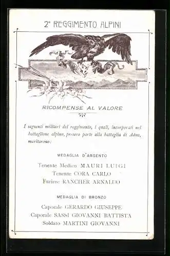 AK 2° Reggimento Alpini, Ricompense al Valore, Italienisches Infanterie-Regiment
