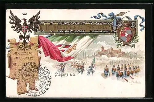 Künstler-Lithographie S. Martino, 11. Reggimento Fanteria, Infanteristen greifen an, Fahne, Wappen