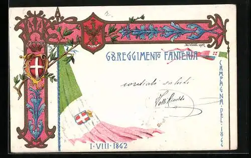 Lithographie 68° Reggimento Fanteria, italiensiches Infanterie-Regiment, Fahne