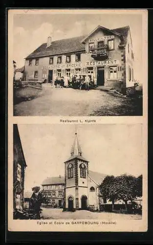 AK Garrebourg /Moselle, Restaurant L. Kuhn, Eglise et Ecole