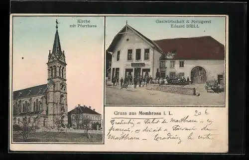 AK Mombronn i. L., Gasthaus & Metzgerei Eduard Brill, Kirche mit Pfarrhaus