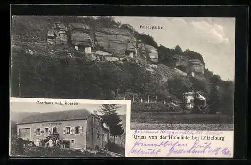 AK Lützelburg, Gasthaus Hofmühle von L. Roesch, Felsenpartie