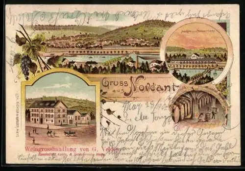 Lithographie Novéant, Weingrosshandlung von G. Velden, Hängebrücke Noveant-Corny