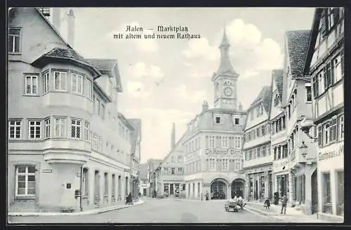 AK Aalen, Marktplatz mit altem und neuem Rathaus, mit Gasthaus