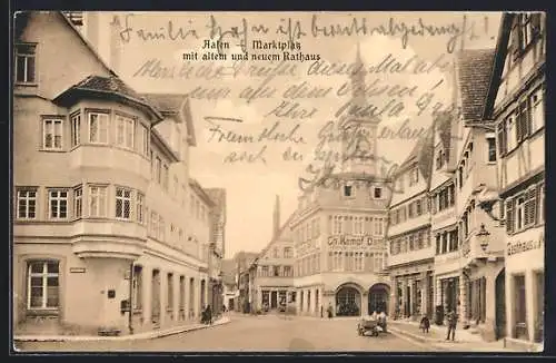 AK Aalen, Marktplatz mit Gasthaus und altem und neuem Rathaus