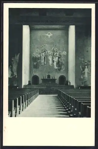 AK Münster i. W., Heilige-Geist-Kirche, Innenansicht mit Wandgemälde, 1929, Bauhaus