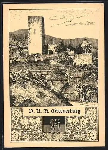 Künstler-AK Greene, Ortsansicht mit Studentenwappen V. A. B. Greenerburg