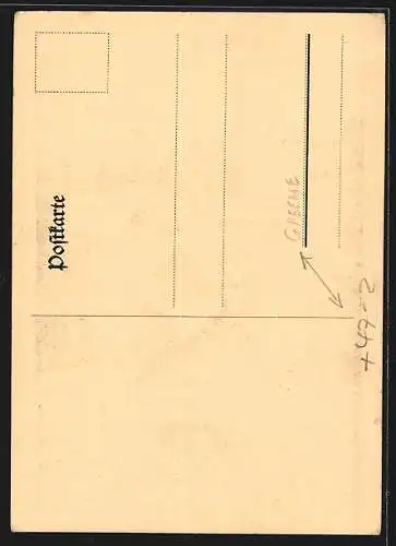 Künstler-AK Greene, Ortsansicht mit Studentenwappen V. A. B. Greenerburg