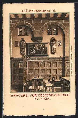 Künstler-AK Köln, Brauerei und Gasthaus für obergäriges Bier am Hof 12, Innenansicht