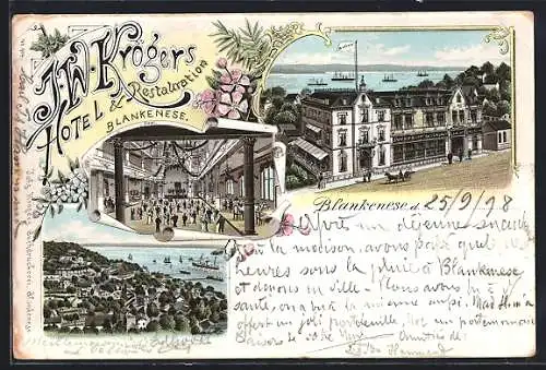 Lithographie Hamburg-Blankenese, J. W. Krögers Hotel-Restaurant mit Strasse und Wasserblick, Saal, Ortsansicht