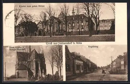 AK Junkersdorf bei Köln, Strasse am Vogelsang, Kloster zum guten Hirten, Neue Kirche und Kriegerdenkmal