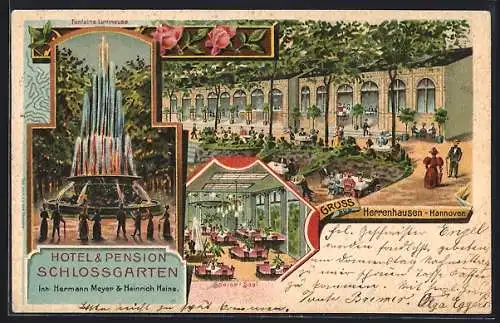 Lithographie Hannover-Herrenhausen, Hotel & Pension Schlossgarten, Fontaine Lumineuse