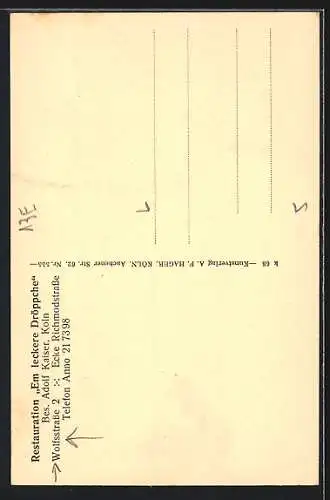 AK Köln, Gasthaus Em leckere Dröppche A. Kaiser, Wolfsstrasse 2, von der Strasse gesehen