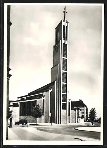 AK Berlin-Charlottenburg, Gustav-Adolf-Kirche mit Strasse, rückseitig Raumplan, Bauhaus