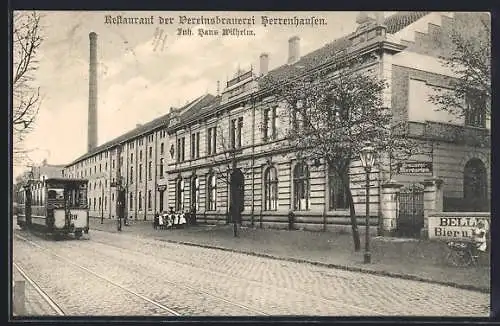 AK Herrenhausen, Restaurant und Brauerei von Wilhelm Ochse mit Strassenbahn