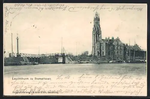 AK Bremerhaven, Leuchtturm mit Hafen