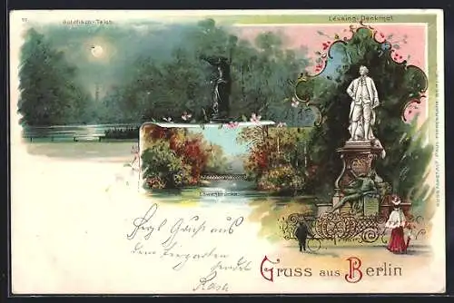 Lithographie Berlin-Tiergarten, Goldfischteich, Lessing-Denkmal, Löwenbrücke, mit Glitzerapplikation