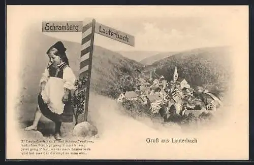 AK Lauterbach / Schramberg, kleines Mädchen in Tracht am Wegweiser, Blick auf den Ort