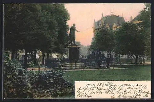 AK Rostock, Blücherplatz mit Blücherdenkmal