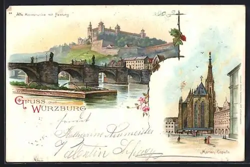 Lithographie Würzburg, Alte Mianbrücke mit Festung, Marien-Capelle